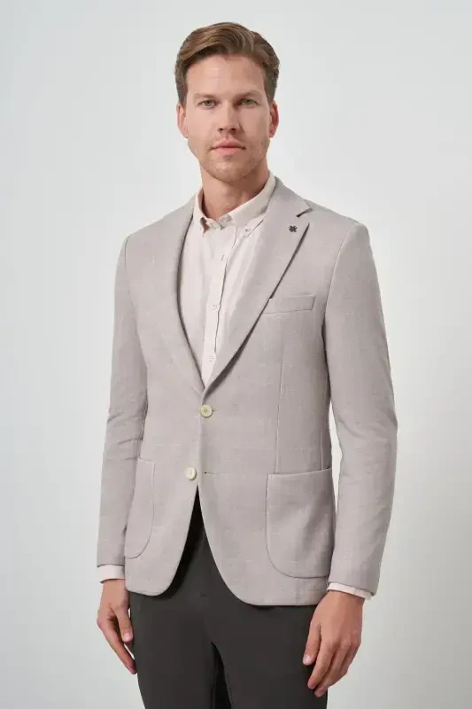 Modazone Men's Beige Knitted Patterned Slim Fit Mono Collar Jacket - 2