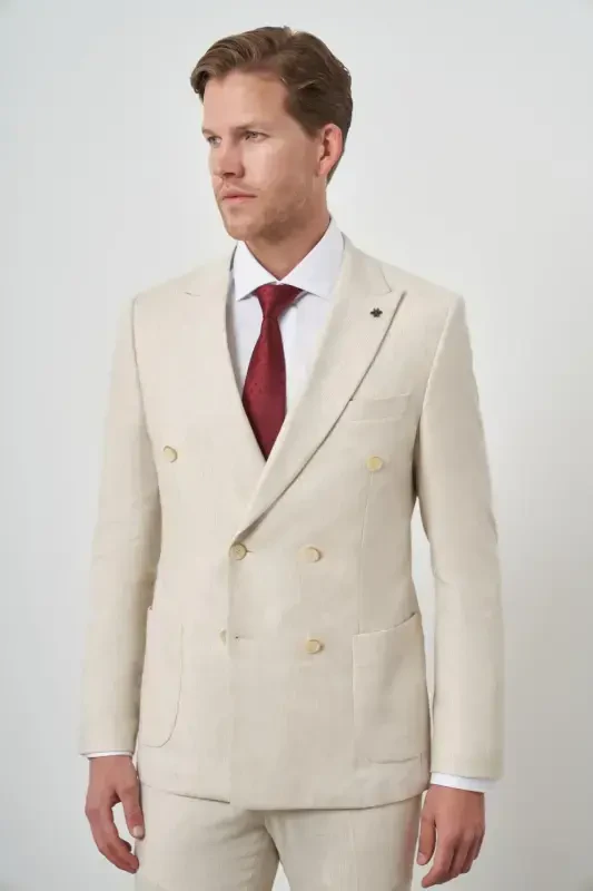 Modazone Men's Beige Linen Double Breasted Slim Fit Pointed Collar Suit - 1