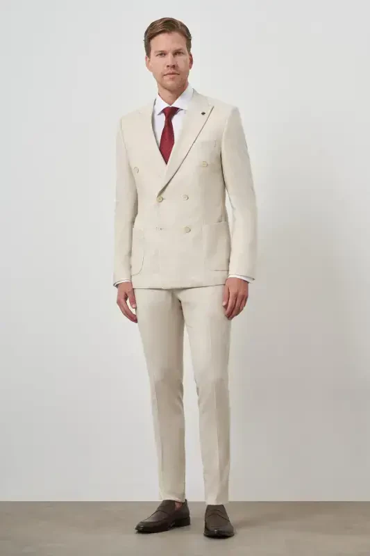 Modazone Men's Beige Linen Double Breasted Slim Fit Pointed Collar Suit - 2