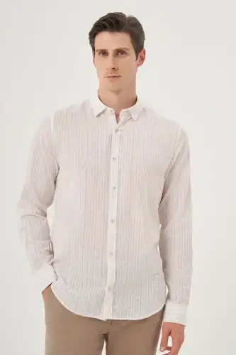 Modazone Men's Beige Linen Trend Dynamic Fit Britli Collar Shirt 