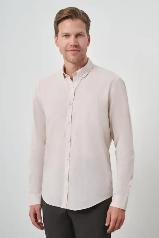 Modazone Men's Beige Linen Trend Dynamic Fit Button-Down Collar Shirt - MORVEN