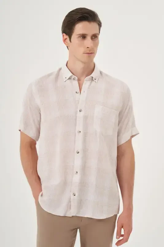 Modazone Men's Beige Linen Trend Regular Fit Button-Down Collar Short Sleeve Shirt - 1