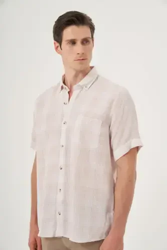 Modazone Men's Beige Linen Trend Regular Fit Button-Down Collar Short Sleeve Shirt - 2