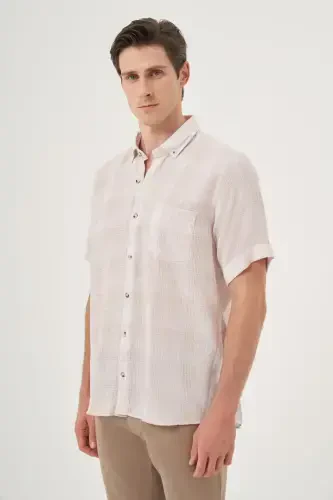 Modazone Men's Beige Linen Trend Regular Fit Button-Down Collar Short Sleeve Shirt - 3