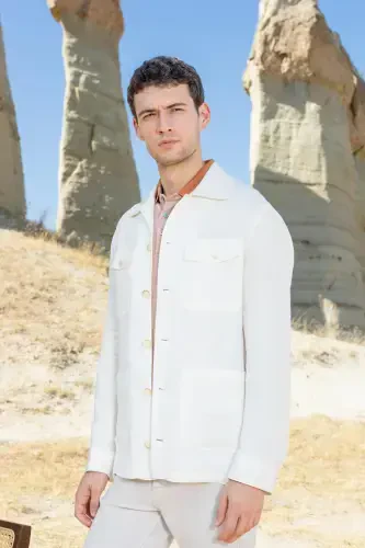 Modazone Men's Beige Linen Worker Shirt Jacket - 1