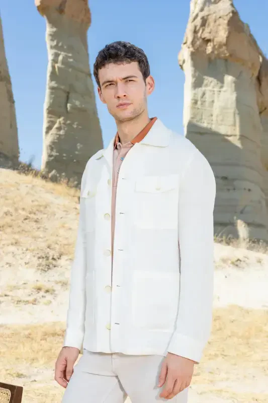 Modazone Men's Beige Linen Worker Shirt Jacket - 1