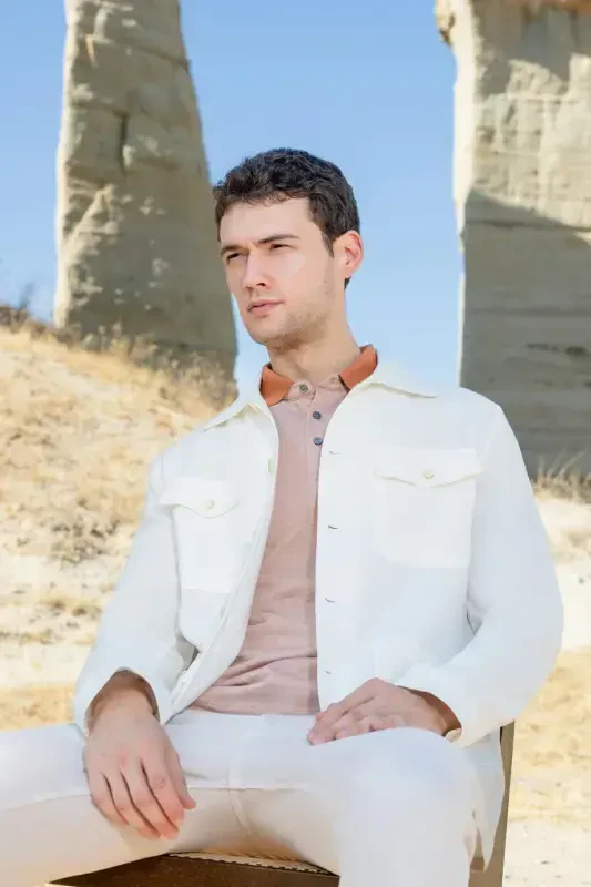 Modazone Men's Beige Linen Worker Shirt Jacket - 2