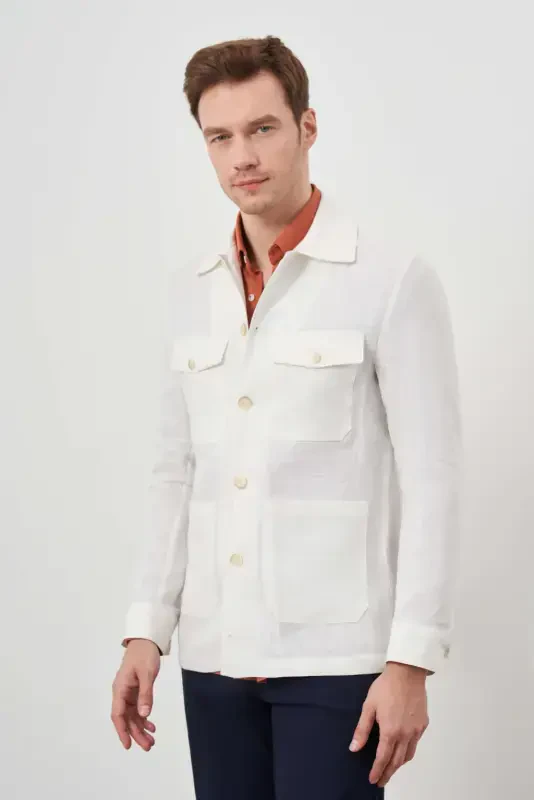 Modazone Men's Beige Linen Worker Shirt Jacket - 4