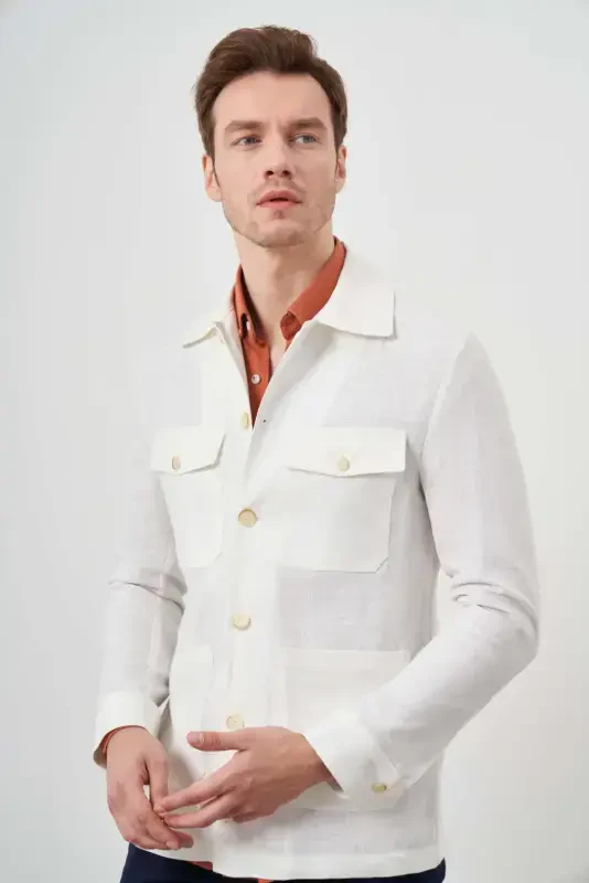 Modazone Men's Beige Linen Worker Shirt Jacket - 5