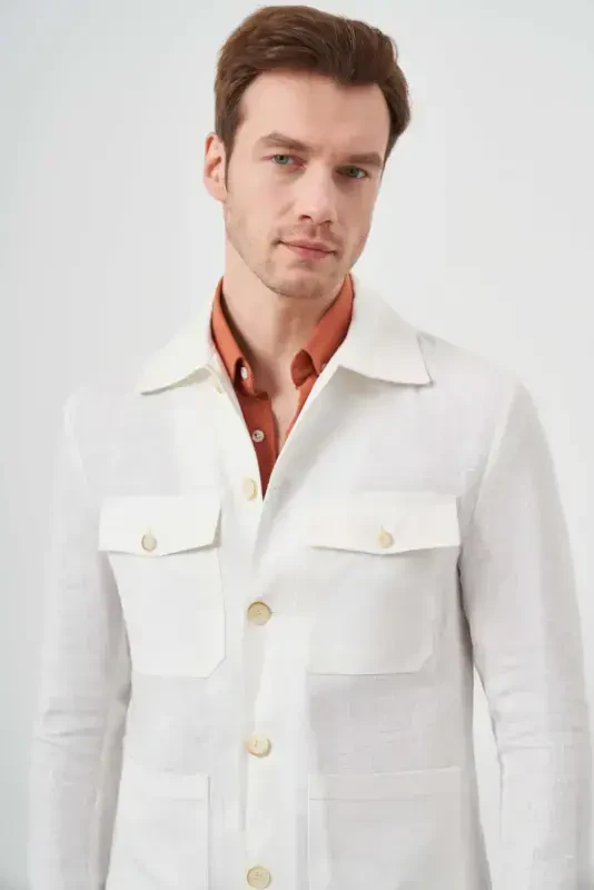 Modazone Men's Beige Linen Worker Shirt Jacket - 6