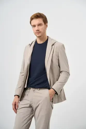 Modazone Men's Beige Polyamide Bag Pocket Hooded Slim Fit Mono Collar Tracksuit - MORVEN (1)