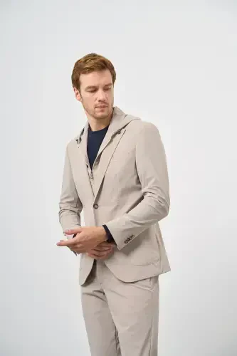 Modazone Men's Beige Polyamide Bag Pocket Hooded Slim Fit Mono Collar Tracksuit - 4