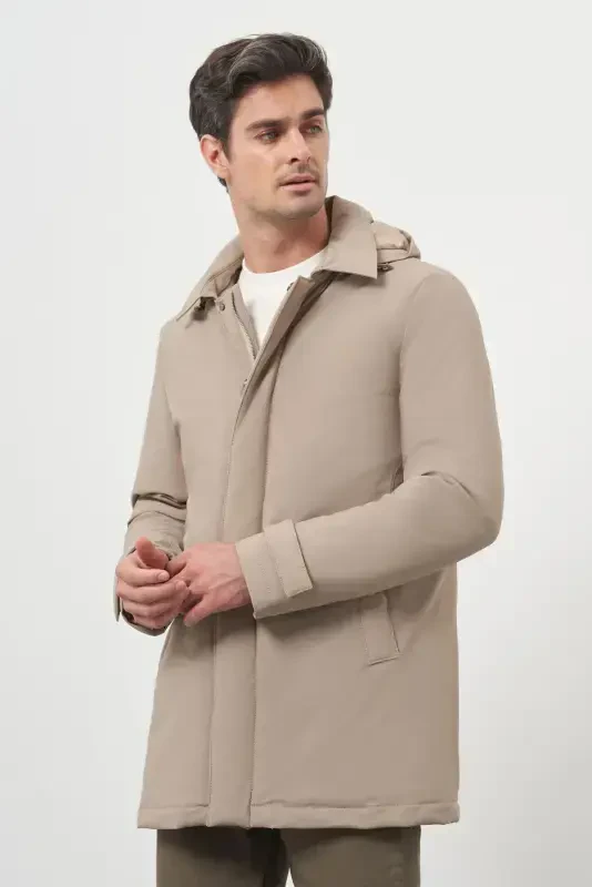 Modazone Men's Beige Polyamide Snap Fastening Hooded Jacket - 1