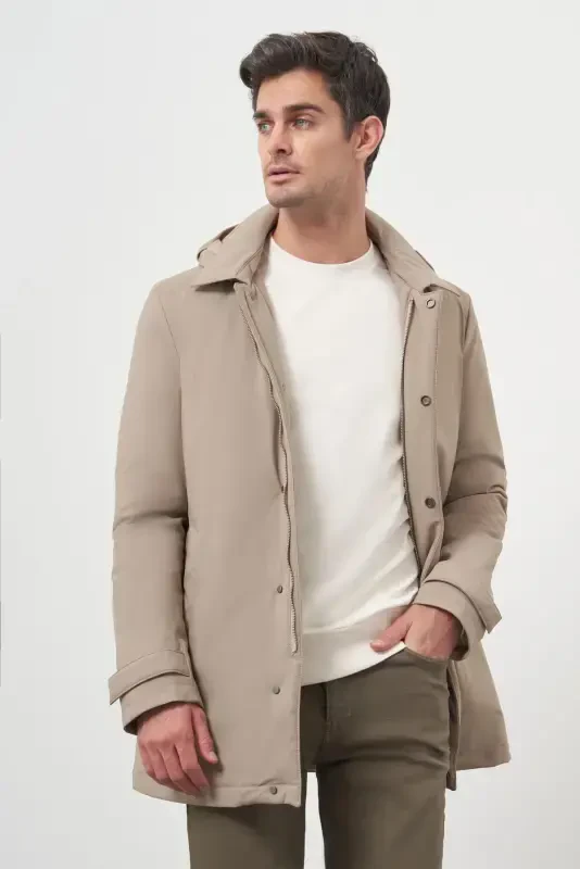 Modazone Men's Beige Polyamide Snap Fastening Hooded Jacket - 3