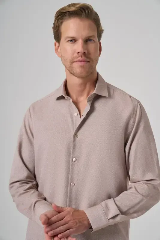 Modazone Men's Beige Polyester Patterned Trend Dynamic Fit Italian Collar Shirt - 3