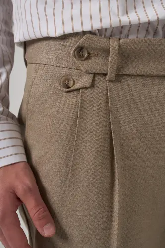 Modazone Men's Beige Polyviscose Trendy Patterned Slim Fit Double Pleated Trousers - 4