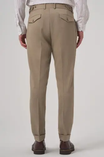 Modazone Men's Beige Polyviscose Trendy Patterned Slim Fit Double Pleated Trousers - 5