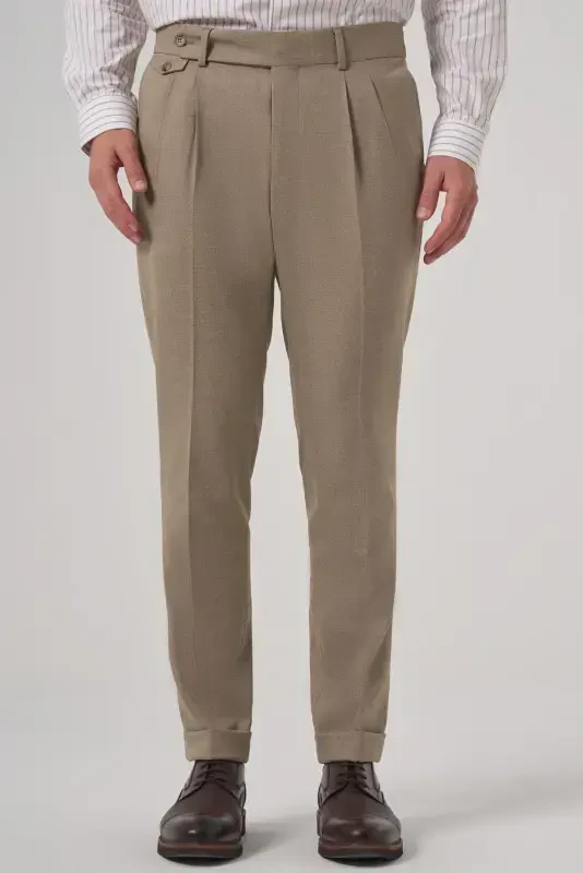 Modazone Men's Beige Polyviscose Trendy Patterned Slim Fit Double Pleated Trousers - 1