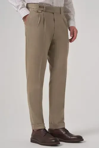 Modazone Men's Beige Polyviscose Trendy Patterned Slim Fit Double Pleated Trousers - 2