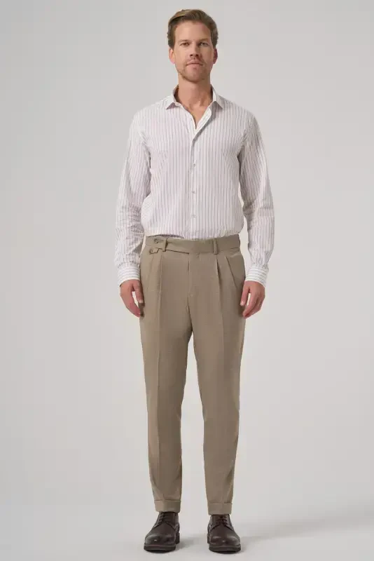 Modazone Men's Beige Polyviscose Trendy Patterned Slim Fit Double Pleated Trousers - 3
