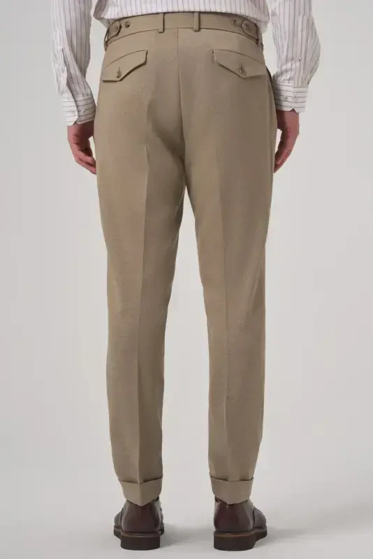 Modazone Men's Beige Polyviscose Trendy Patterned Slim Fit Double Pleated Trousers - 5