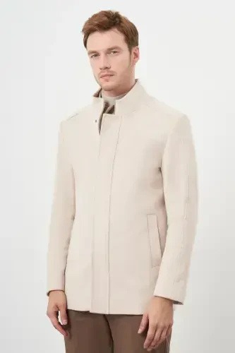 Modazone Men's Beige Snap-Button Mandarin Collar Wool Coat 