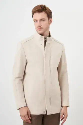 Modazone Men's Beige Snap-Button Mandarin Collar Wool Coat - 2
