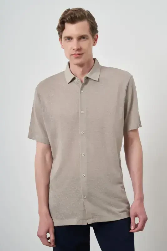 Modazone Men's Beige Trend Apache Collar Short Sleeve Shirt - 3