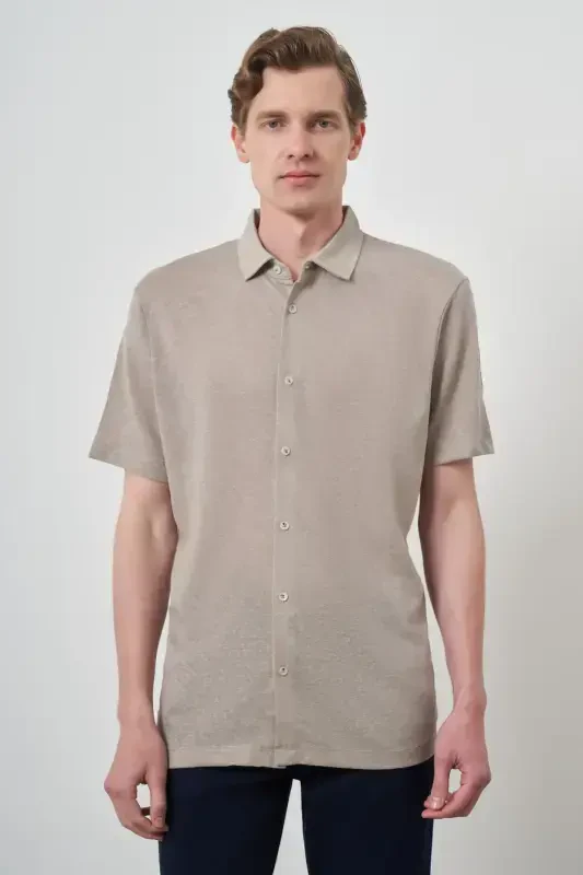 Modazone Men's Beige Trend Apache Collar Short Sleeve Shirt - 4