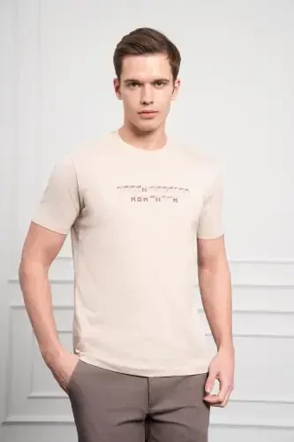 Modazone Men's Beige Trend Crew Neck Dynamic Fit Cotton T-Shirt - 1