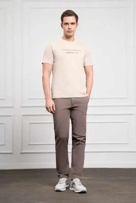 Modazone Men's Beige Trend Crew Neck Dynamic Fit Cotton T-Shirt - 2