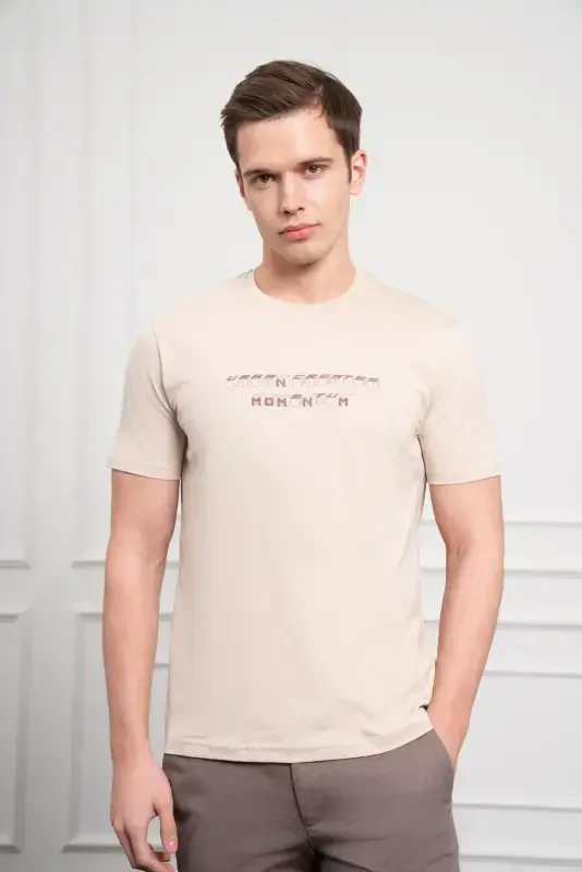 Modazone Men's Beige Trend Crew Neck Dynamic Fit Cotton T-Shirt - 4