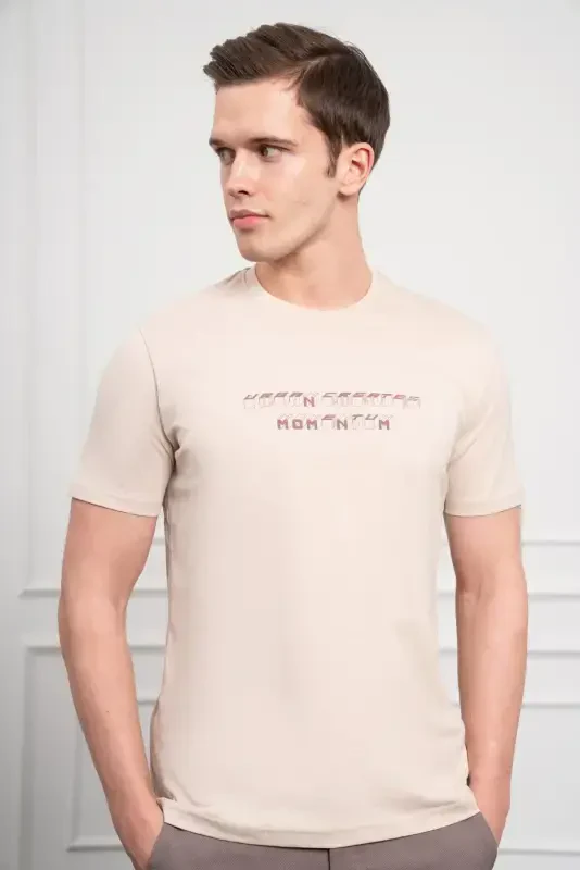 Modazone Men's Beige Trend Crew Neck Dynamic Fit Cotton T-Shirt - 5