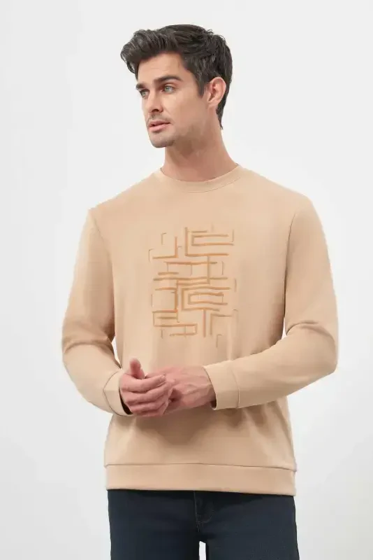 Modazone Men's Beige Trend Crew Neck Sweatshirt - 2