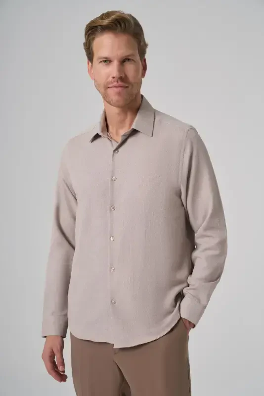 Modazone Men's Beige Trend Dynamic Fit Hard Collar Shirt - MORVEN