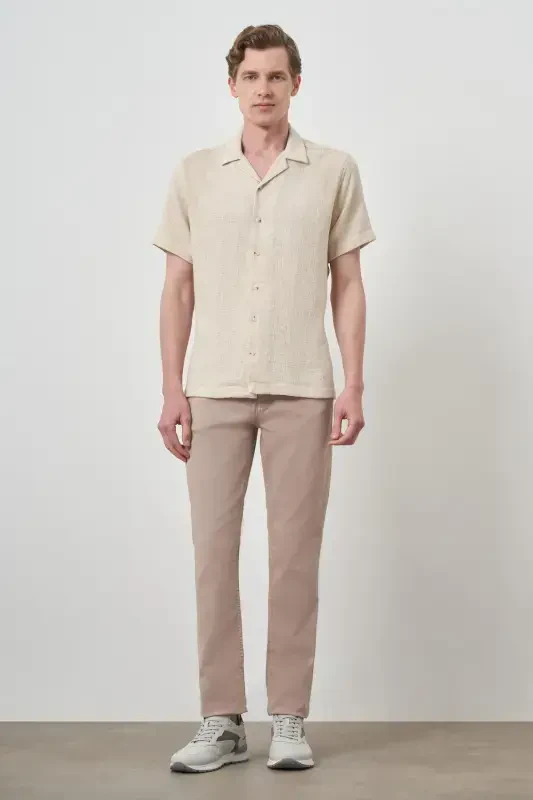 Modazone Men's Beige Trend Linen Regular Fit Apache Collar Short Sleeve Shirt - 2