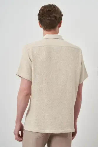 Modazone Men's Beige Trend Linen Regular Fit Apache Collar Short Sleeve Shirt - 5