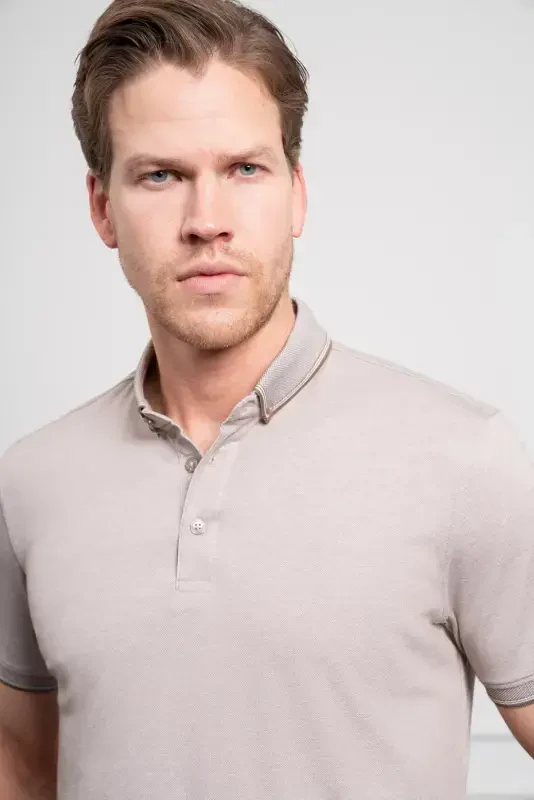 Modazone Men's Beige Trend Mercerized Plain Button-Down Collar Dynamic Fit T-Shirt - 4