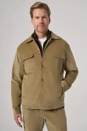 Modazone Men's Beige Trendy Double Pocket Velvet Shirt Jacket - 1