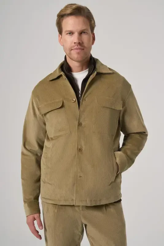 Modazone Men's Beige Trendy Double Pocket Velvet Shirt Jacket - 1