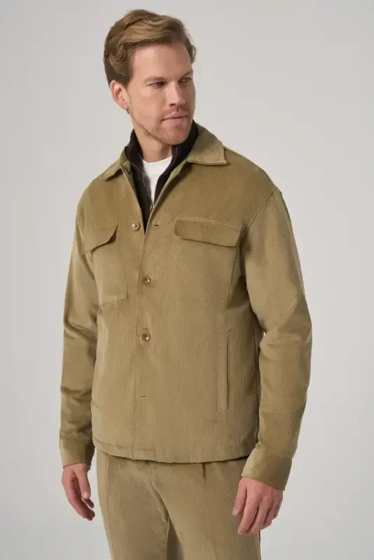 Modazone Men's Beige Trendy Double Pocket Velvet Shirt Jacket - 2