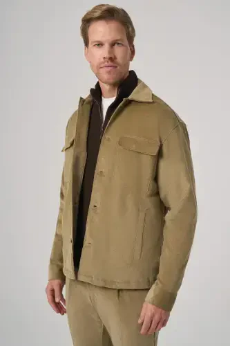Modazone Men's Beige Trendy Double Pocket Velvet Shirt Jacket - 3