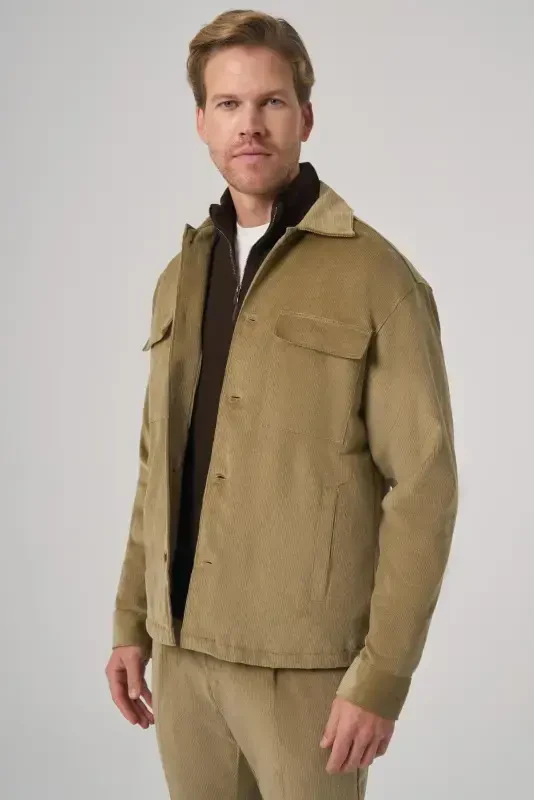 Modazone Men's Beige Trendy Double Pocket Velvet Shirt Jacket - 3