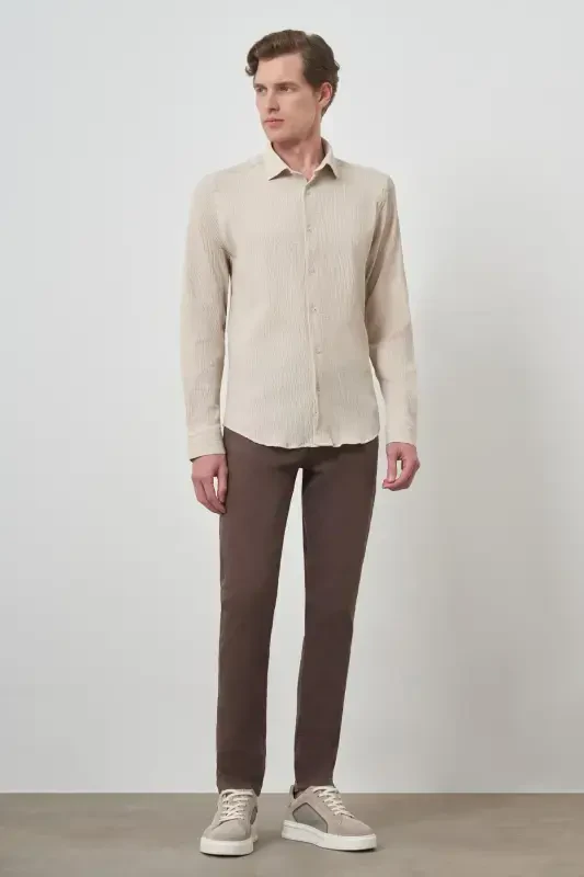 Modazone Men's Beige Waffle Trendy Patterned Dynamic Fit Italian Collar Shirt - 2