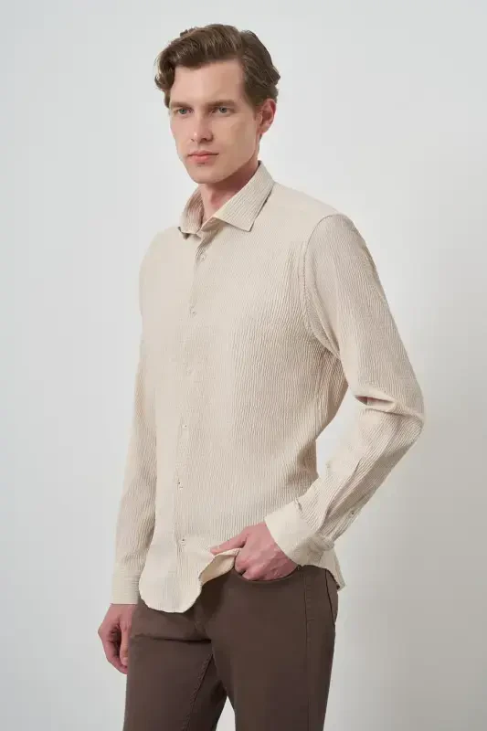 Modazone Men's Beige Waffle Trendy Patterned Dynamic Fit Italian Collar Shirt - 3