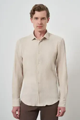 Modazone Men's Beige Waffle Trendy Patterned Dynamic Fit Italian Collar Shirt - 4