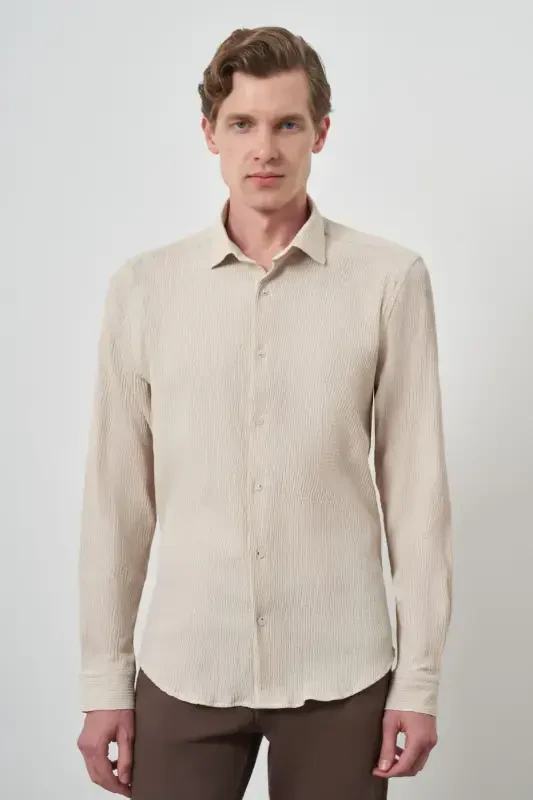 Modazone Men's Beige Waffle Trendy Patterned Dynamic Fit Italian Collar Shirt - 4