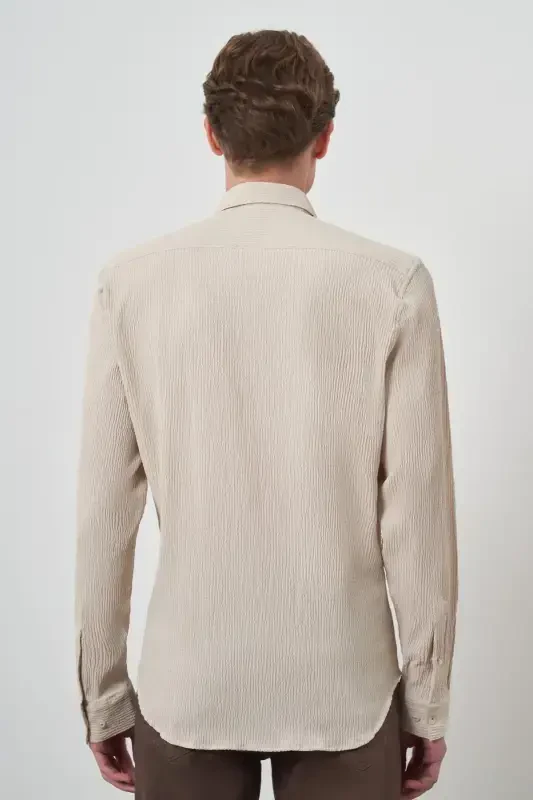 Modazone Men's Beige Waffle Trendy Patterned Dynamic Fit Italian Collar Shirt - 5