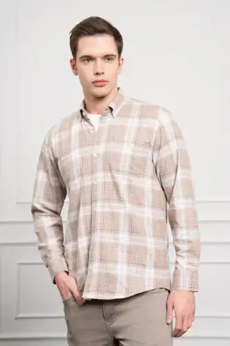 Modazone Men's Beige Winter Buttoned Collar Regular Fit Shirt 