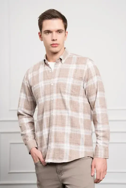 Modazone Men's Beige Winter Buttoned Collar Regular Fit Shirt - MORVEN